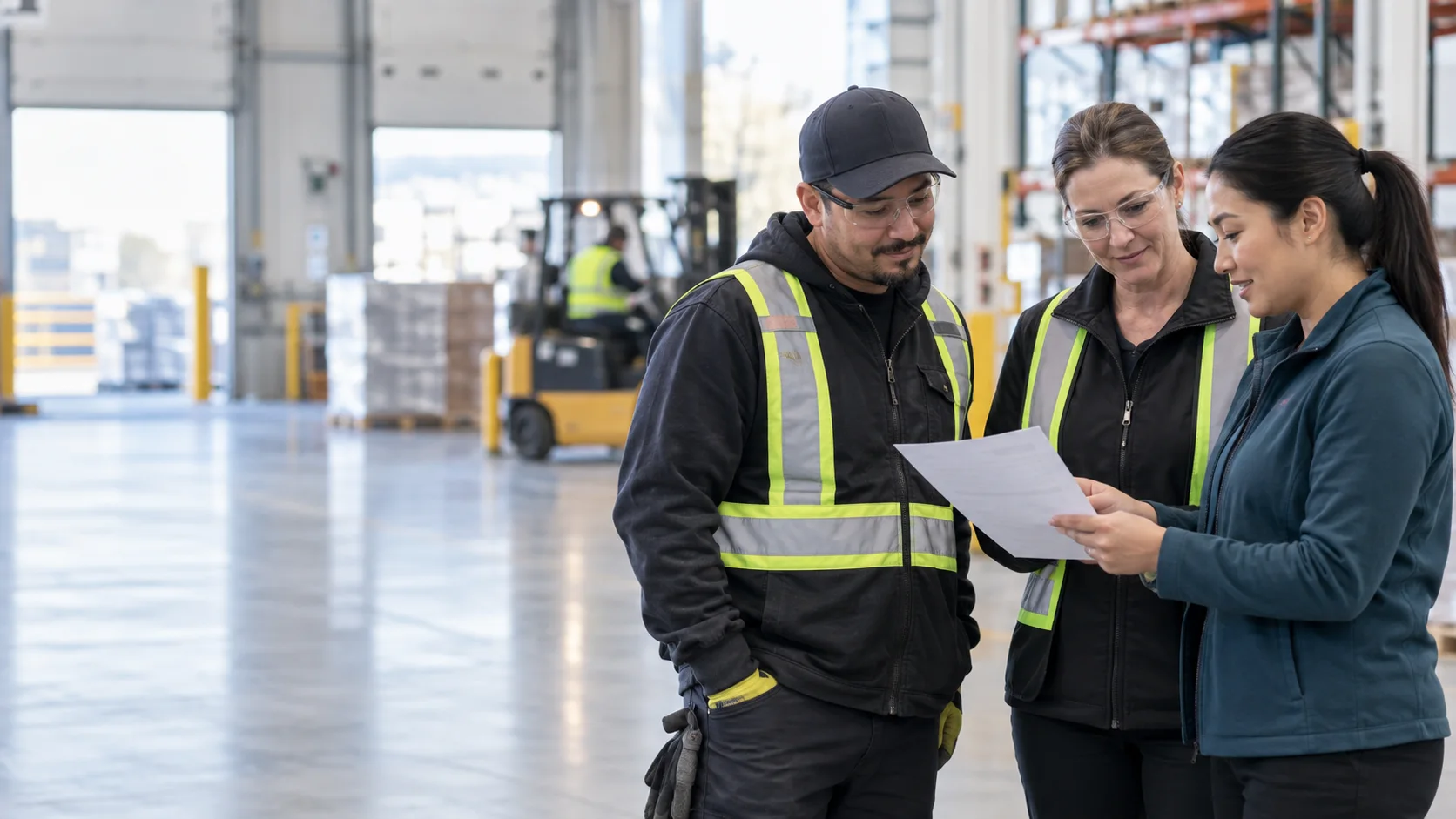 Industrial worker, safety manager and rehabilitation clinician reviewing a return-to-work plan