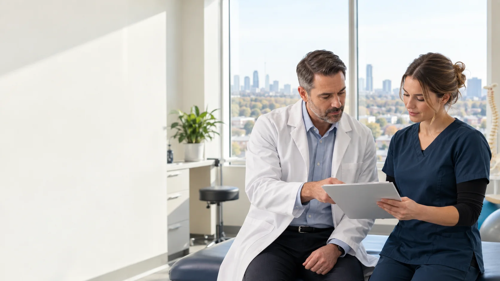 Physician and rehabilitation clinician reviewing a referral document in a clinic