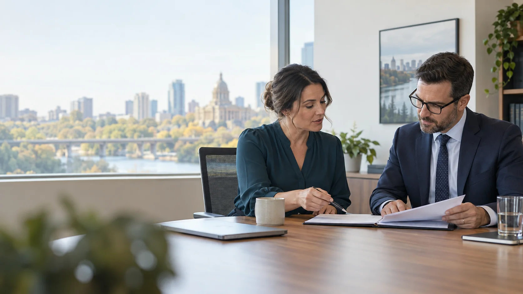Rehabilitation clinician and legal professional reviewing a referral process document